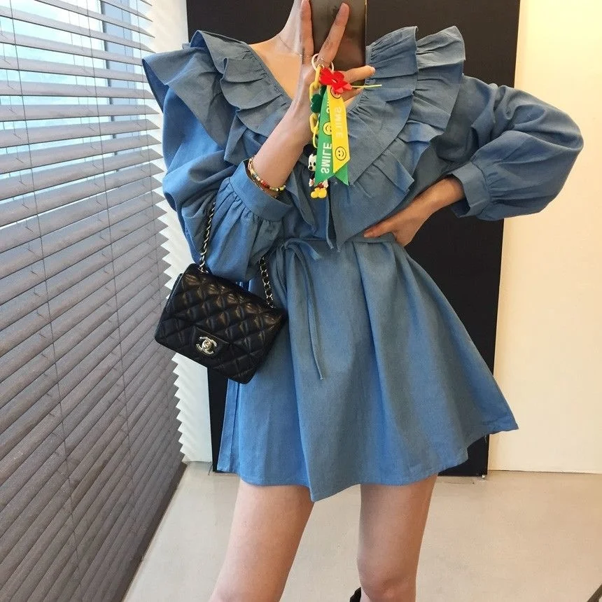

New Style Chic Ruffle Lace Up V-neck Waist Slim Denim Autumn Dress South Korea