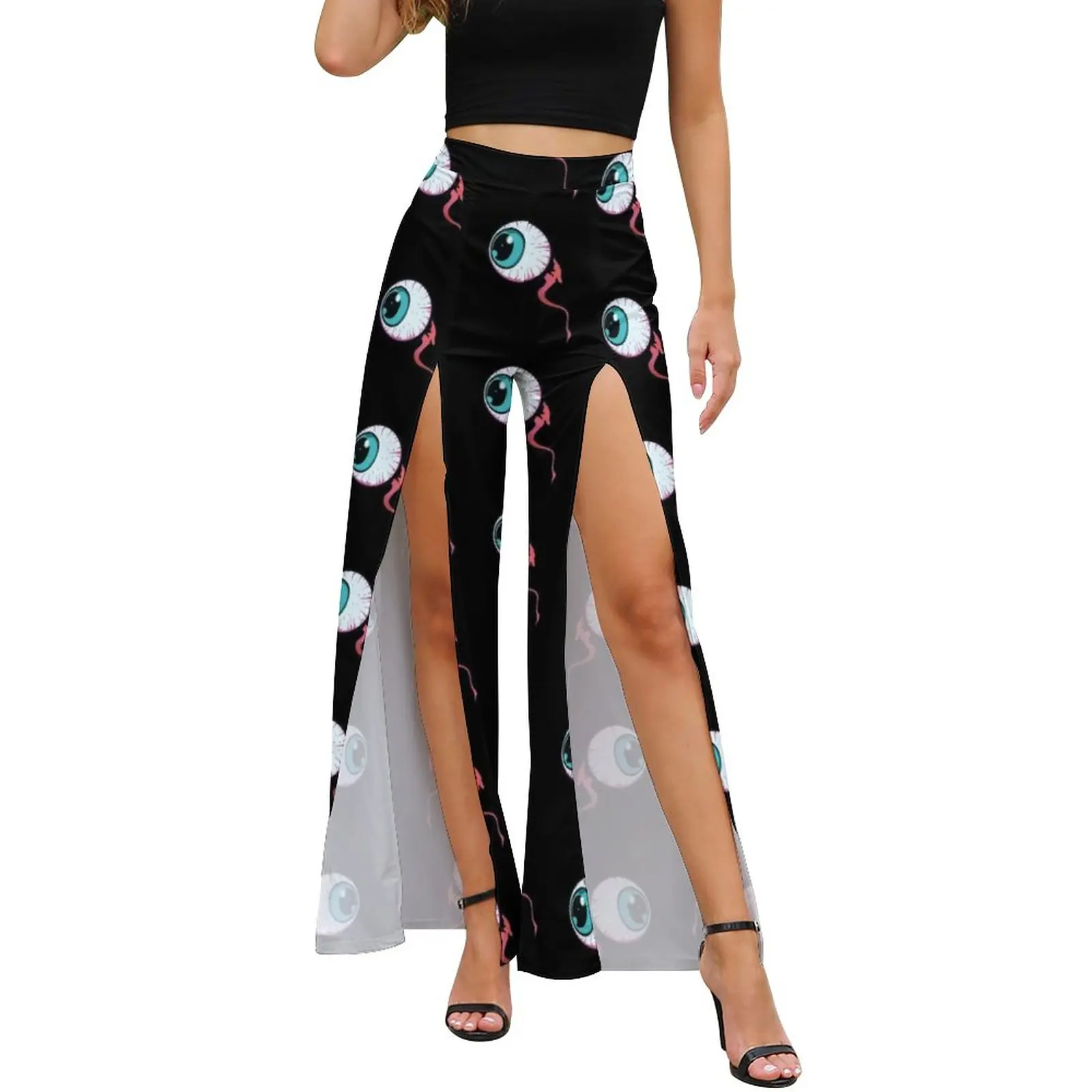 

Blue Spooky Eyes Pants Summer Bloody Eyeball Design Casual Wide Pants Cheap Womens High Waist Slit Harajuku Printed Trousers