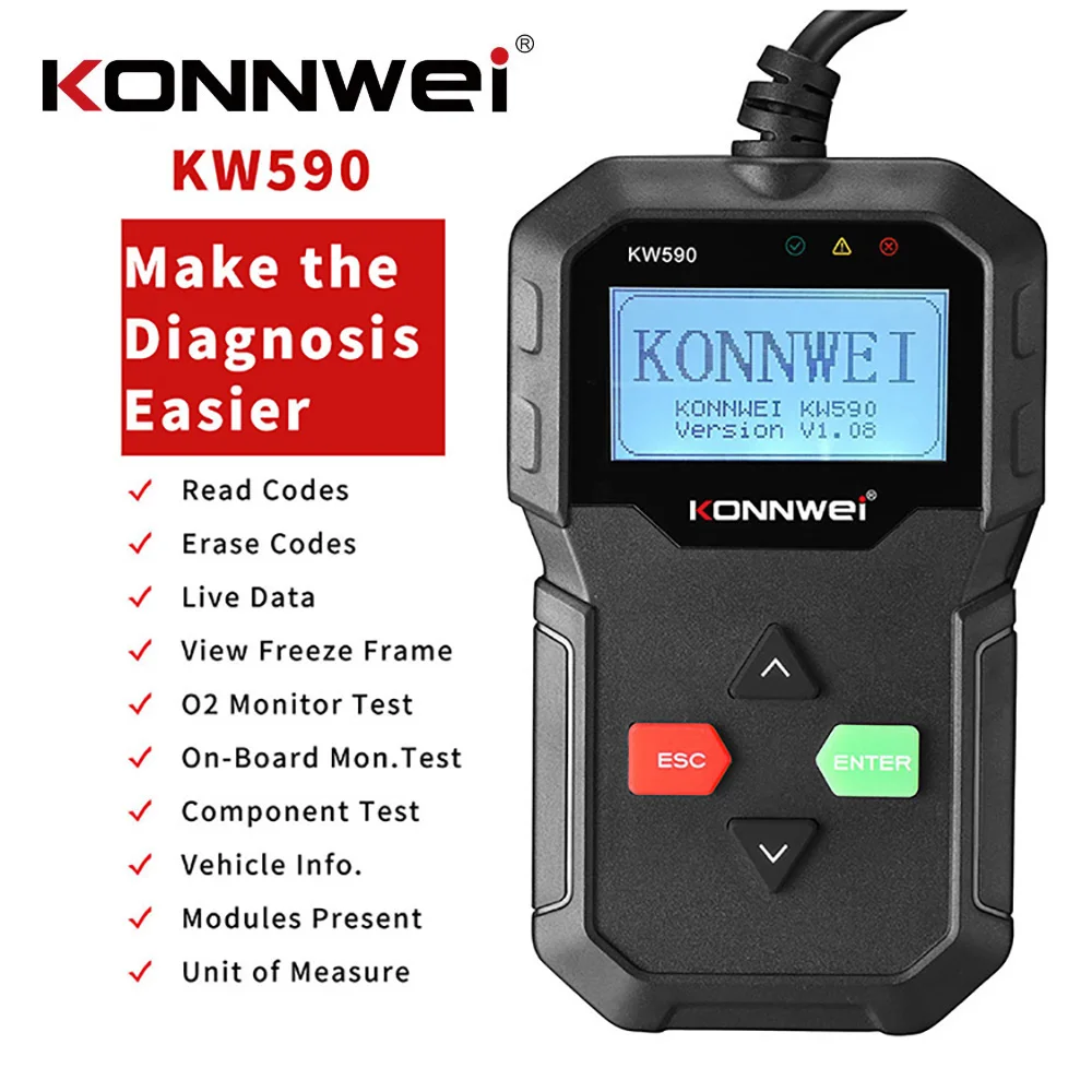 Автомобильный диагностический прибор KONNWEI KW590 OBD2, 12 В, сканер CAN J1850PWM J1850VPW ISO9141 KWP2000