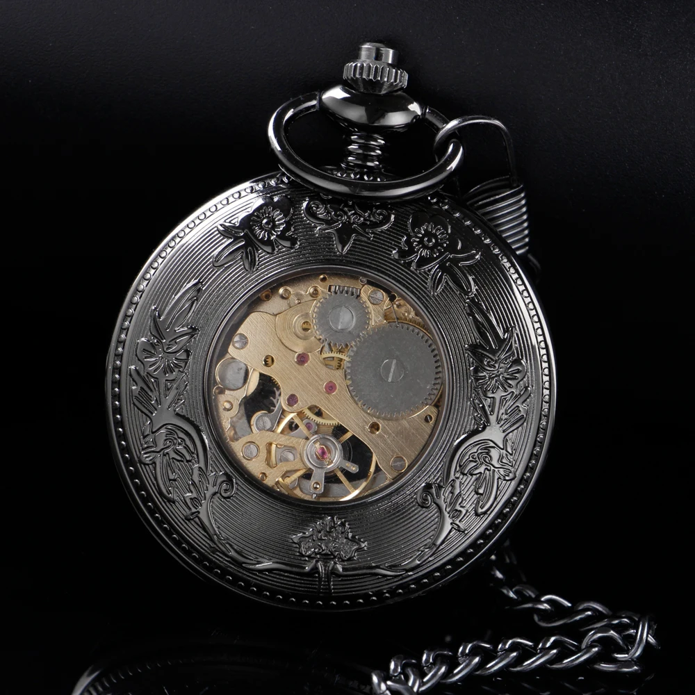 New Black Flying Dragon Sculpture Mechanical Pocket Watch Retro Hollow Case Simulated Skeleton Men's Mechanical Pocket Watch