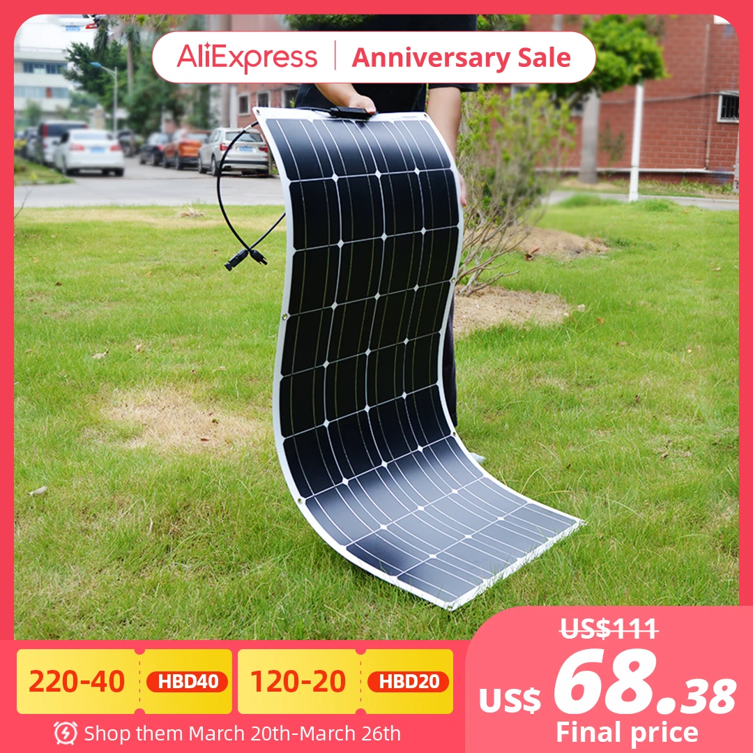 DOKIO 18V 16V 100W Flexible Solar Panels 300W Waterproof Monocrystalline Solar Panel Camping RV Home Charge 12V DFSP-100M