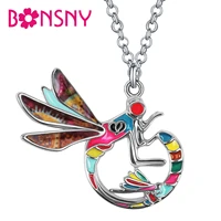 bonsny enamel alloy metal floral dragonfly necklace pendant unique insect chain party jewelry for women girls teens charms gifts