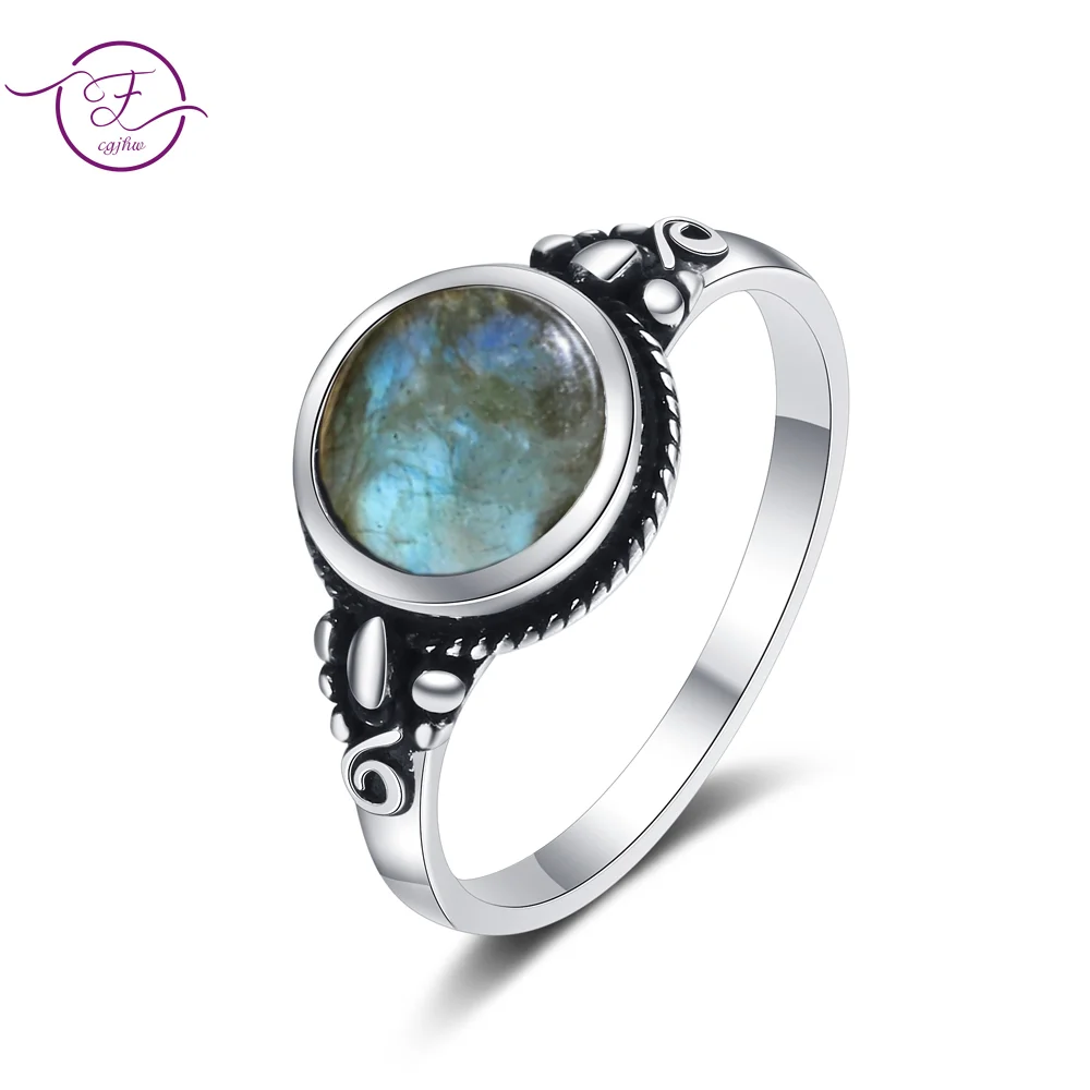 Simple Style 925 Sterling Silver Jewelry Round 8MM Natural Labradorite Tiger Eye Ring for Women Party Engagement Wedding Gift