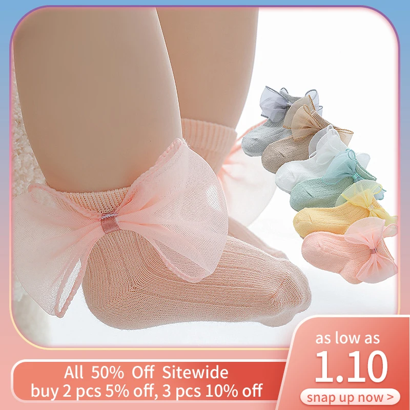 

New Big Bowknot Princess Girls Cotton Socks Spring Autumn Children Mid Tube Sock Soild Color JK Baby Sockken Lovely Sox 0-2Y