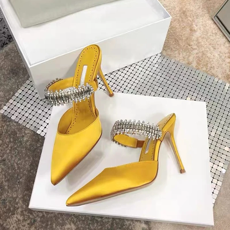 European and American women's new high heels rhinestone satin pointed toe shoes