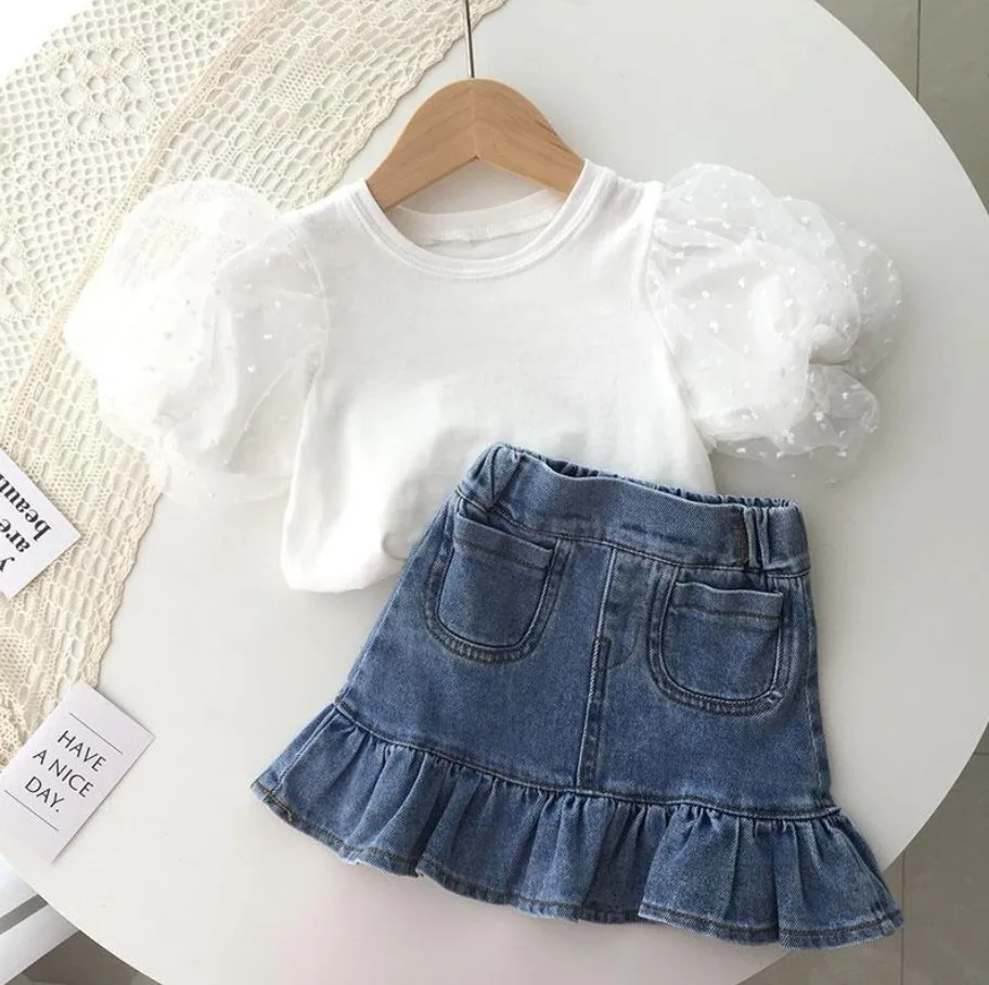 

Summer Girls Clothing Sets Korean Denim Short Sleeved T-shirt Denim Fishtail Skirt 2PCS Baby Kids Clothes Suit Children Clothing