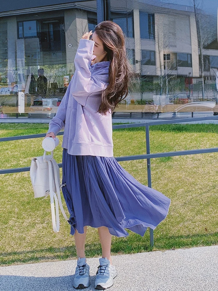 Absolutely Purple Fake Two Pieces Hoodie Dress Women Spring and Autumn 2024 New Korean Series Preppy Age-Reducing First Love ...