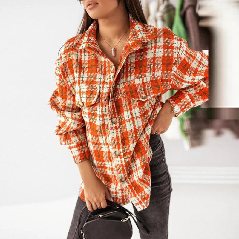 

Office Elegant Lapel Single Breasted Outerwear Women Fashion Plaid Print Loose Cardigan Coats Casual Long Sleeve Woolen Jackets