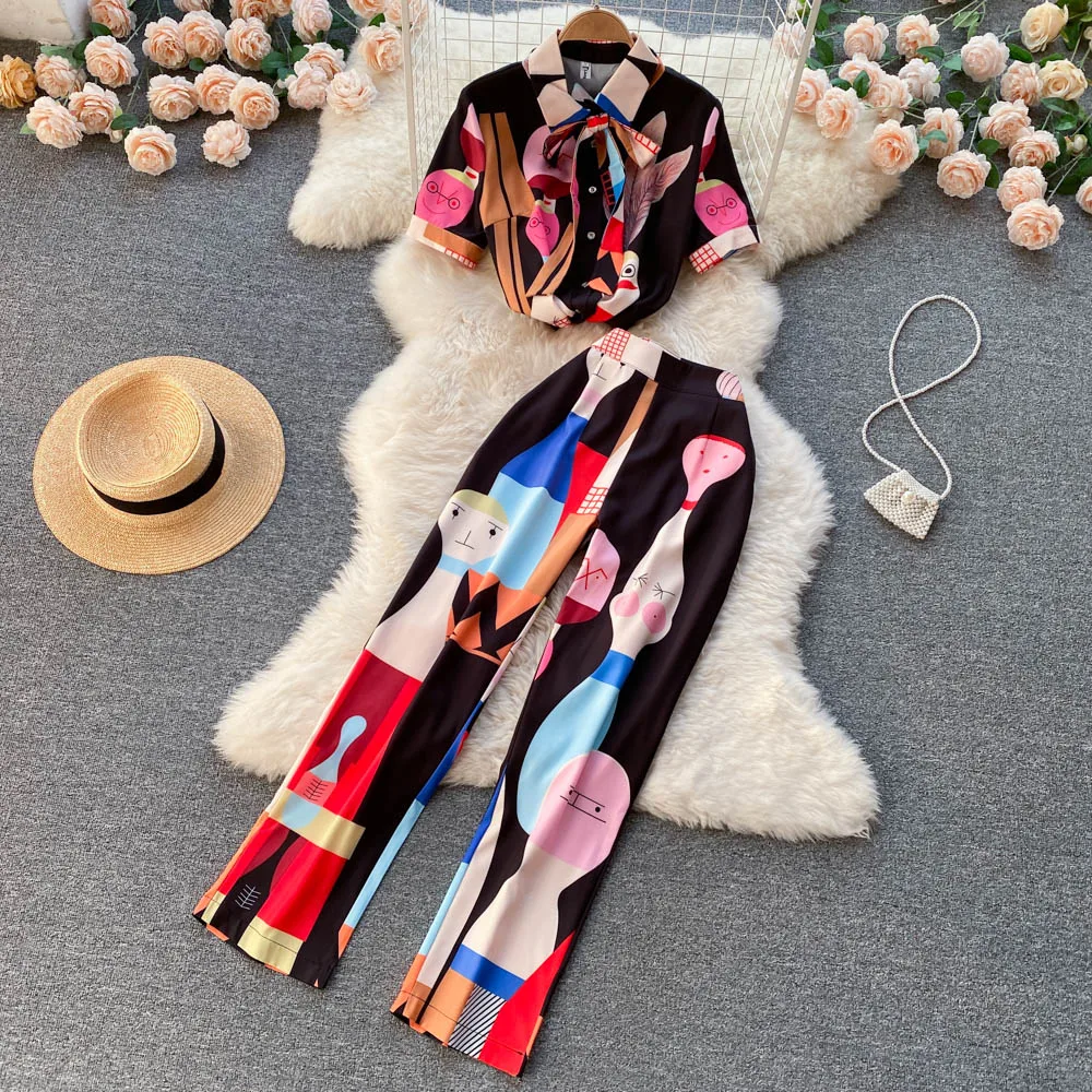

Fried Street Fashion Suit 2022 Spring/Summer New Printed Shirt Women's Strap Small Feet Casual Pants Fashion 2-piece Set