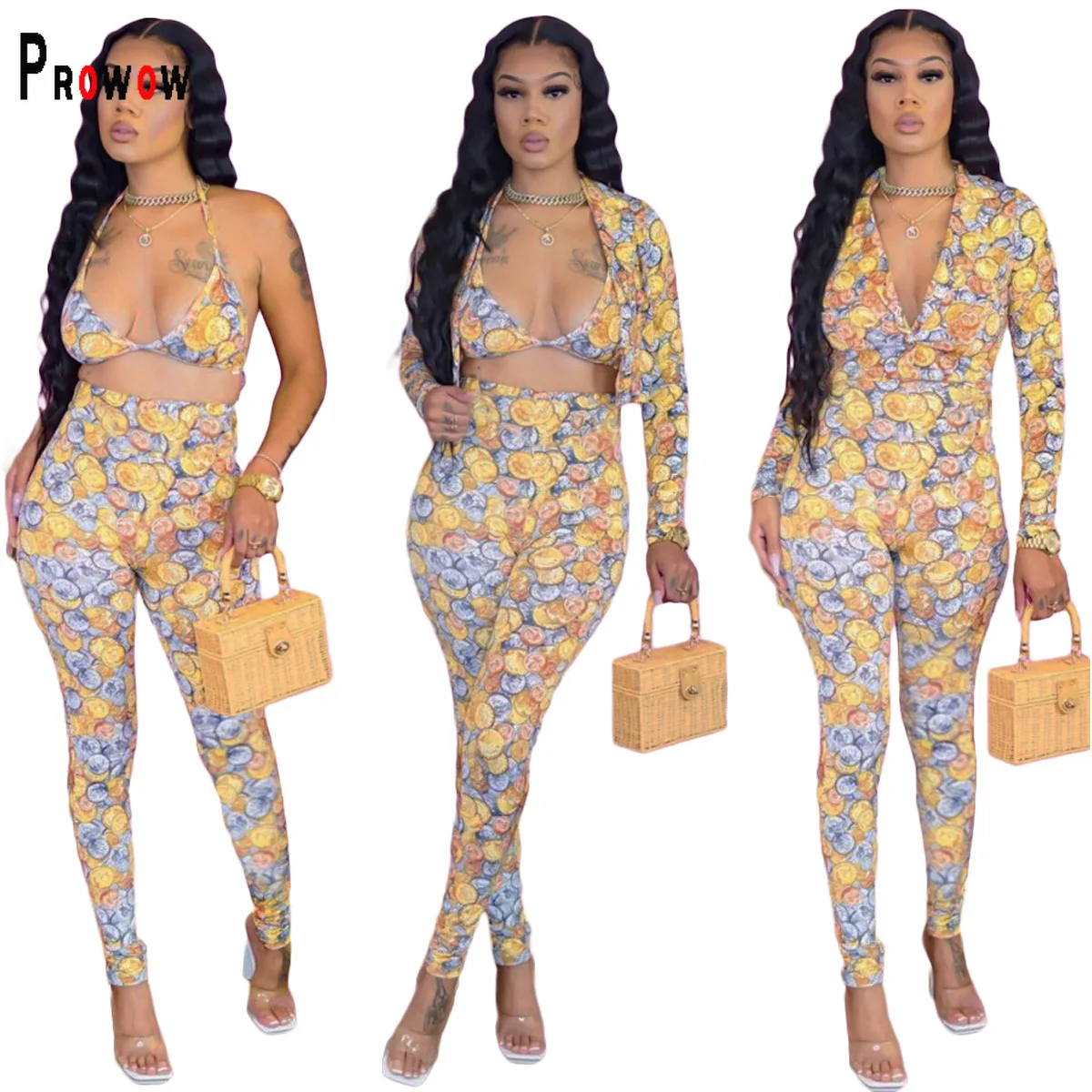 

Prowow Women Clothing Set Lace Up Bra Blouse Long Pant Three Peice Matching Suits Gold Coin Print 2023 New Lady Beach Outfits