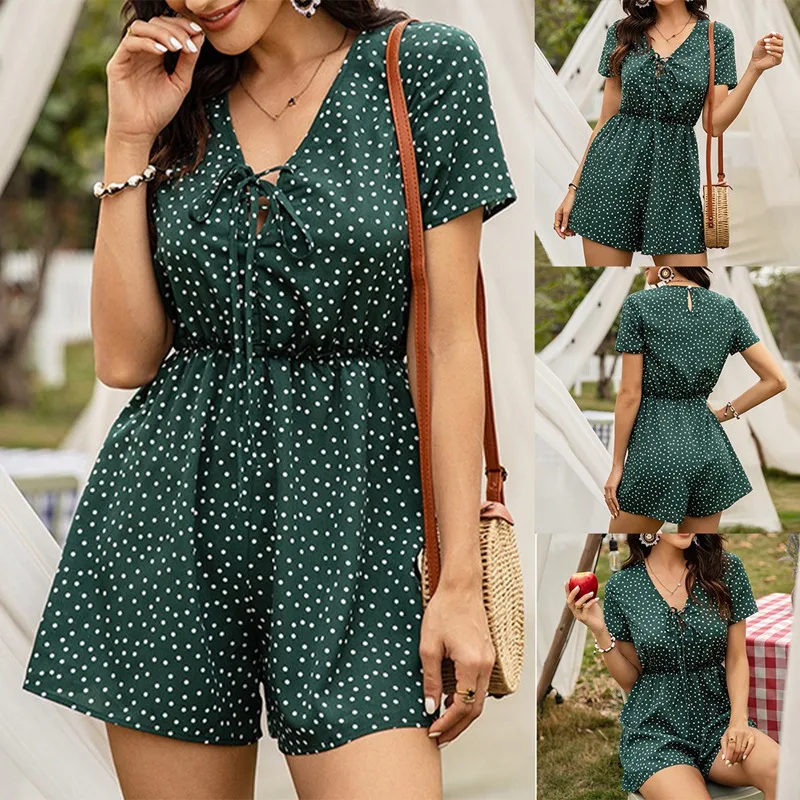 

Summer Polka Dot Jumpsuit Women Hollow Out Bandage Sexy Jumpsuit V Neck Jumpsuit Party Overalls For Women