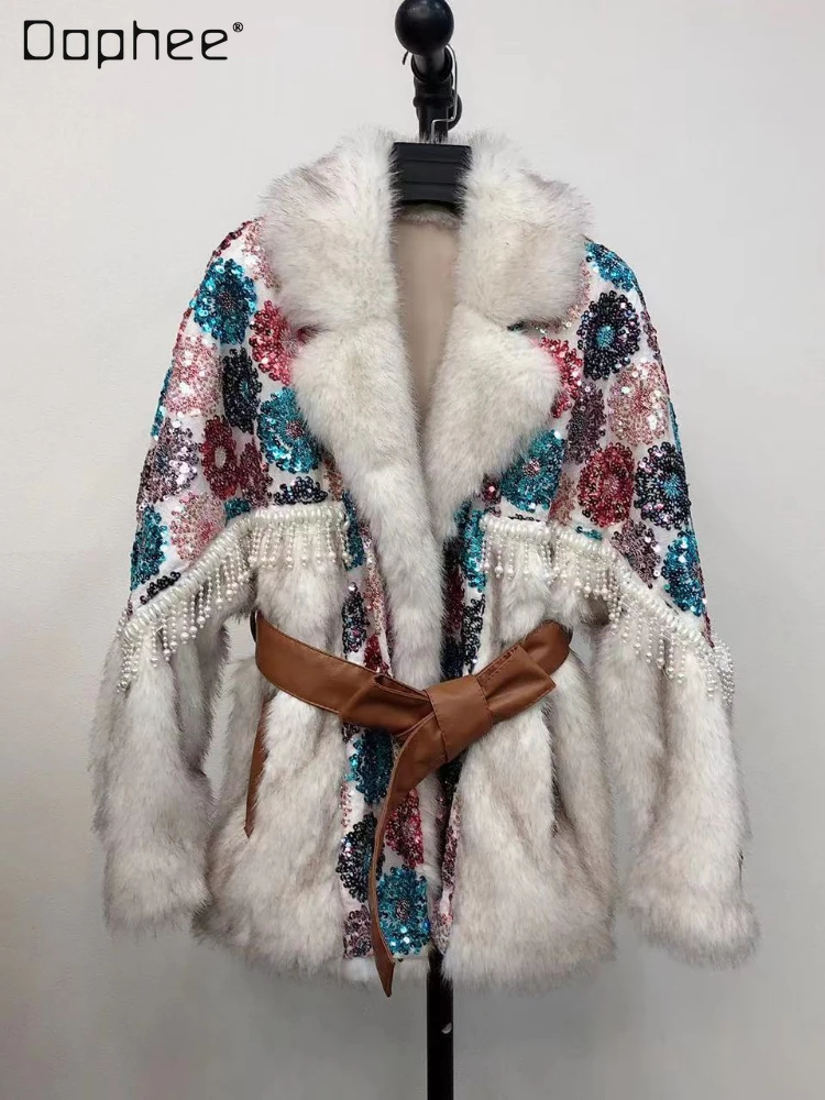 Coats Woman Winter 2022 Fashion Elegant Women's Figure Flattering Beaded Tassel Sequins Super Hot Mid-length fur Coat with Belt