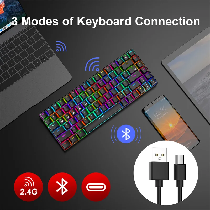 

Беспроводная Проводная bluetooth клавиатура с RGB-подсветкой, 2,4 ГГц, трехрежимная механическая клавиатура, игровая офисная настольная клавиатур...