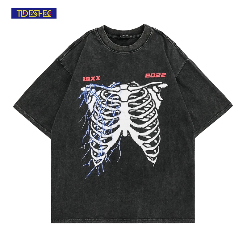 

Мужская футболка в стиле панк TIDESHEC, уличная одежда с принтом скелета, парная футболка оверсайз, свободная повседневная футболка с графическ...