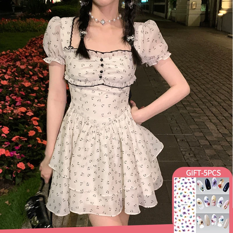 

2022 Summer French Vintage Floral Mini Dress Woman Chic Beach Elegant One Piece Dress Korean Fashion Bow Sweet Short Party Dress
