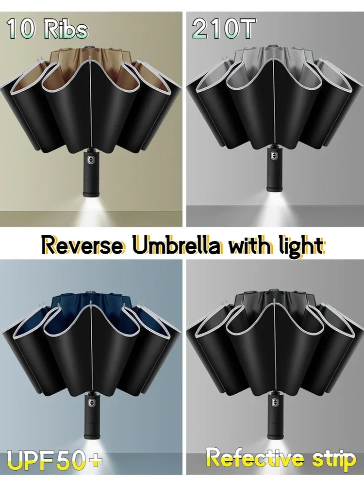 

Ribs Automatic Car 210T For Stripe Reflective With UPF50 Folding Light Umbrella Wind Reverse Rainy UV Proof Day Sunny Torch 10