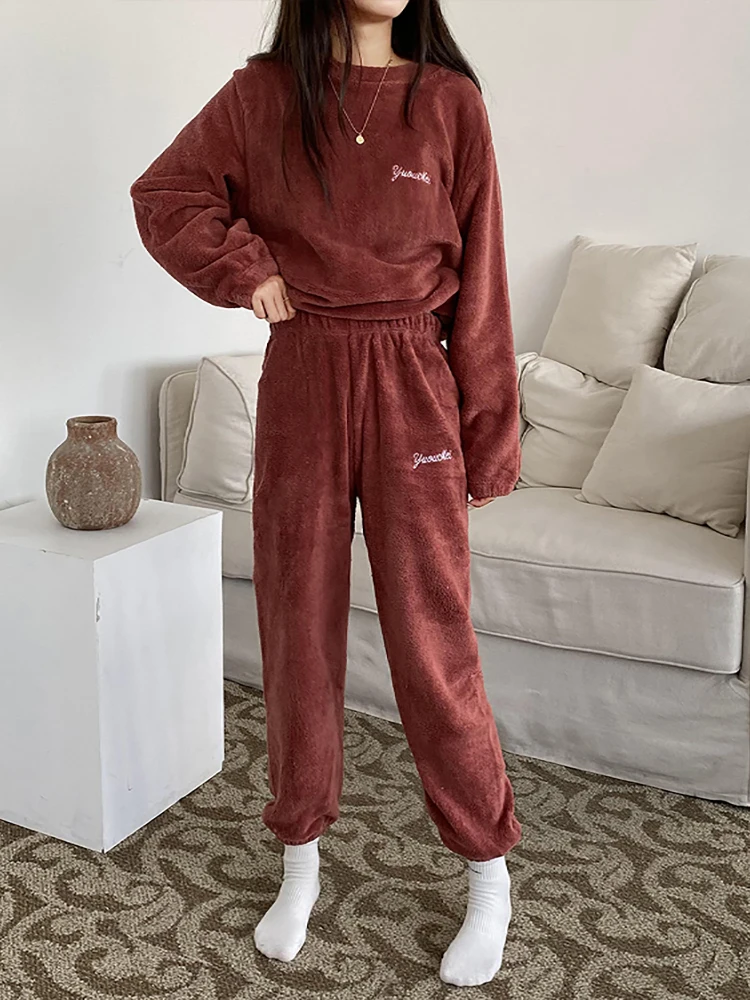 

ITOOLIN Women O-Neck Long Thicken Sleeve Pajama Suit 2 Piece Suit Knit Solid Color Warm Coral Fleece Pajamas Set Autumn Winter