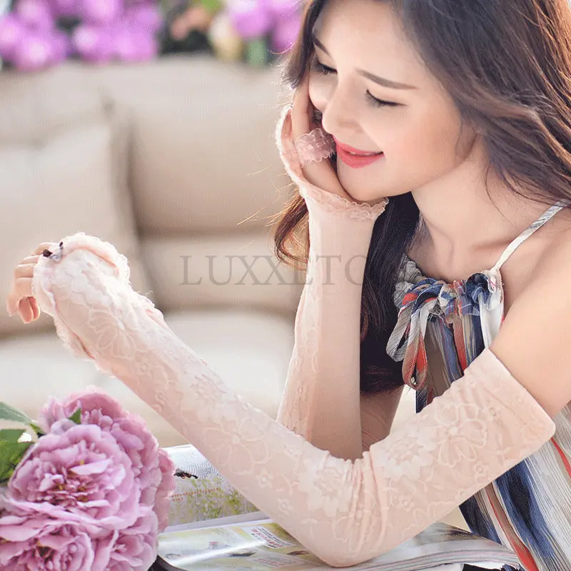 

Women Ice Silk Modal Lace Flowers Driving Mitten Long Arm Warmers UV Sunscreen Fingerless Sport Cycling Sun Sleeve Glove