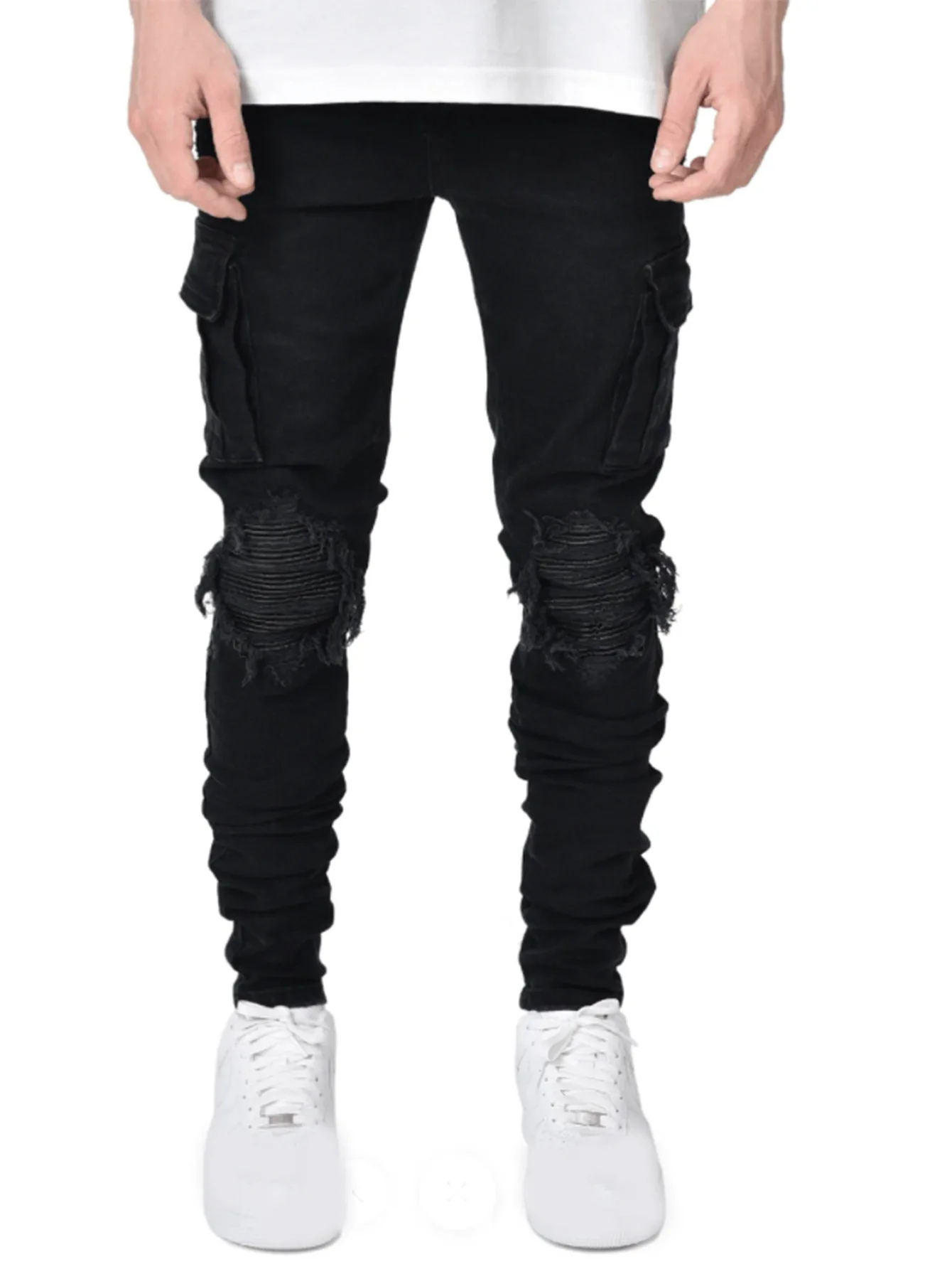 Men's Ripped Cargo Jeans Streetwear Black Slim Denim Man Pants Casual Cotton Straight Trousers Multi Pockets Men Skinny Jeans