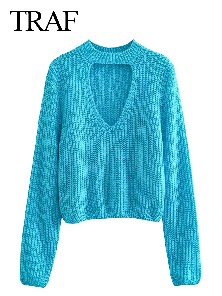 

Женский Осенний однотонный Вязаный топ с вырезами TRAF, пикантный Повседневный облегающий пуловер с длинным рукавом, женский теплый элегантн...