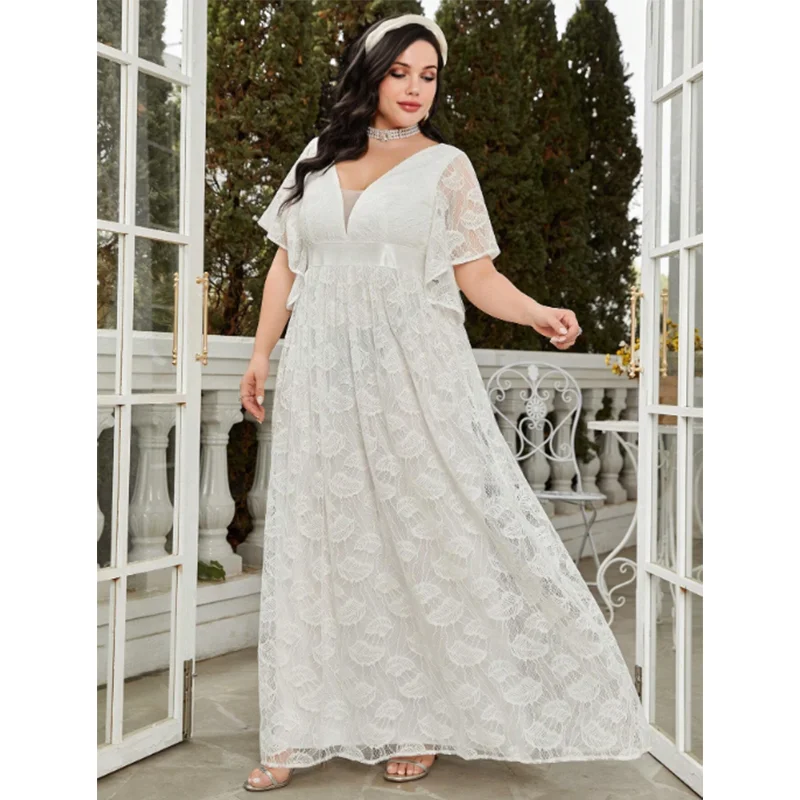 Plus Size White Lace Wedding Dress 4XL 5XL Elegant Chiffon V Neck Short Sleeve Plus Size Bridesmaid Prom Festival Women's Dress