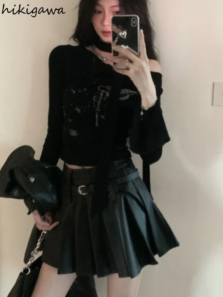 Фото Женская футболка Harajuku с длинным рукавом и разрезом на шее, черные повседневные футболки, укороченные топы, Ropa Mujer, модные корейские сексуальные футболки с принтом Y2k №5