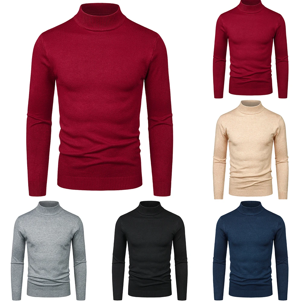 

Men Winter Turtleneck Solid Color Knit Sweater Long Sleeve Pullover Bottoming Slim Fit Basic Layer Sweaters
