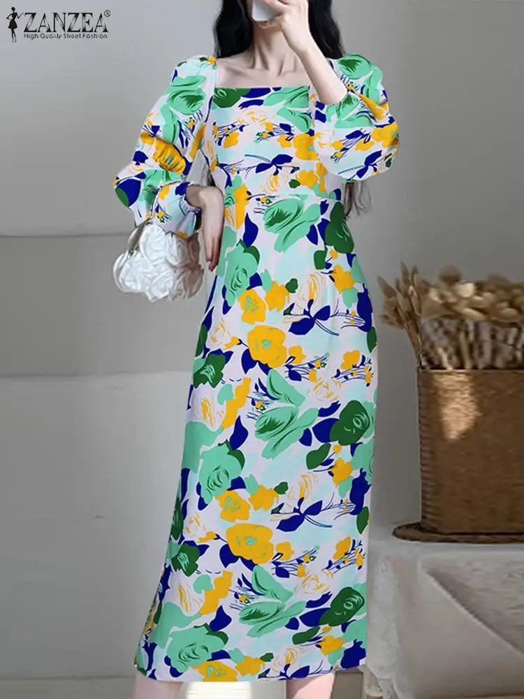 

ZANZEA 2023 Sundress Autumn Elegant Women Beach Dress Long Puff Sleeve Midi Vestidos Casual Floral Print Wrap Hips Bohemian Robe