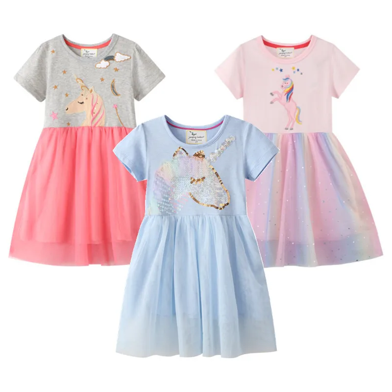 

Unicorn Girls Mesh Dresses Summer Short Sleeve Kids Costume Cartoon Children Toddler Frocks Casual Cotton Clothing