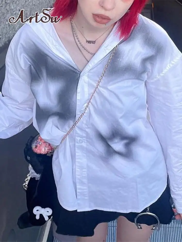 

Женская хлопковая рубашка на пуговицах Artsu, Повседневная Уличная футболка с длинными рукавами в стиле панк, хип-хоп, Готическая футболка в с...