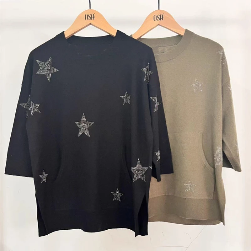 

Женский свитер со звездами из смеси шерсти и кашемира, новинка 2022, СВОБОДНЫЙ Модный женский вязаный пуловер с круглым вырезом, топы