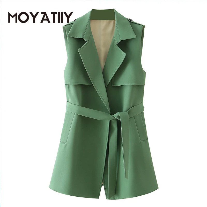 

MOYATIIY Women 2022 Fashion Green Waistcoat With Belt Vintage Sleeveless Large Turn Collar Overcoats Felame Tops Outwear