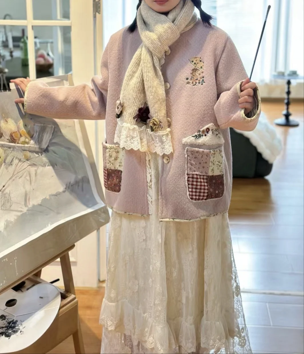 Винтажное милое короткое пальто из смесовой шерсти с рюшами и кружевной вышивкой