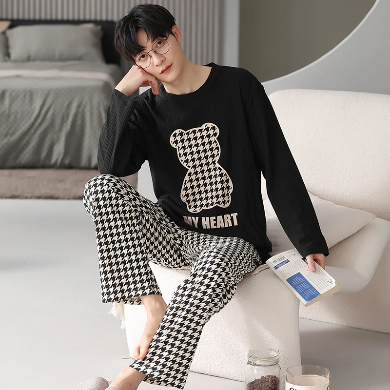 QUHENG 2022 Newest Men's Pajama 2 Pieces Set Long Sleeve Winter Thick Warm Sleepwear for Couples Casual Loose Home Costumes Set