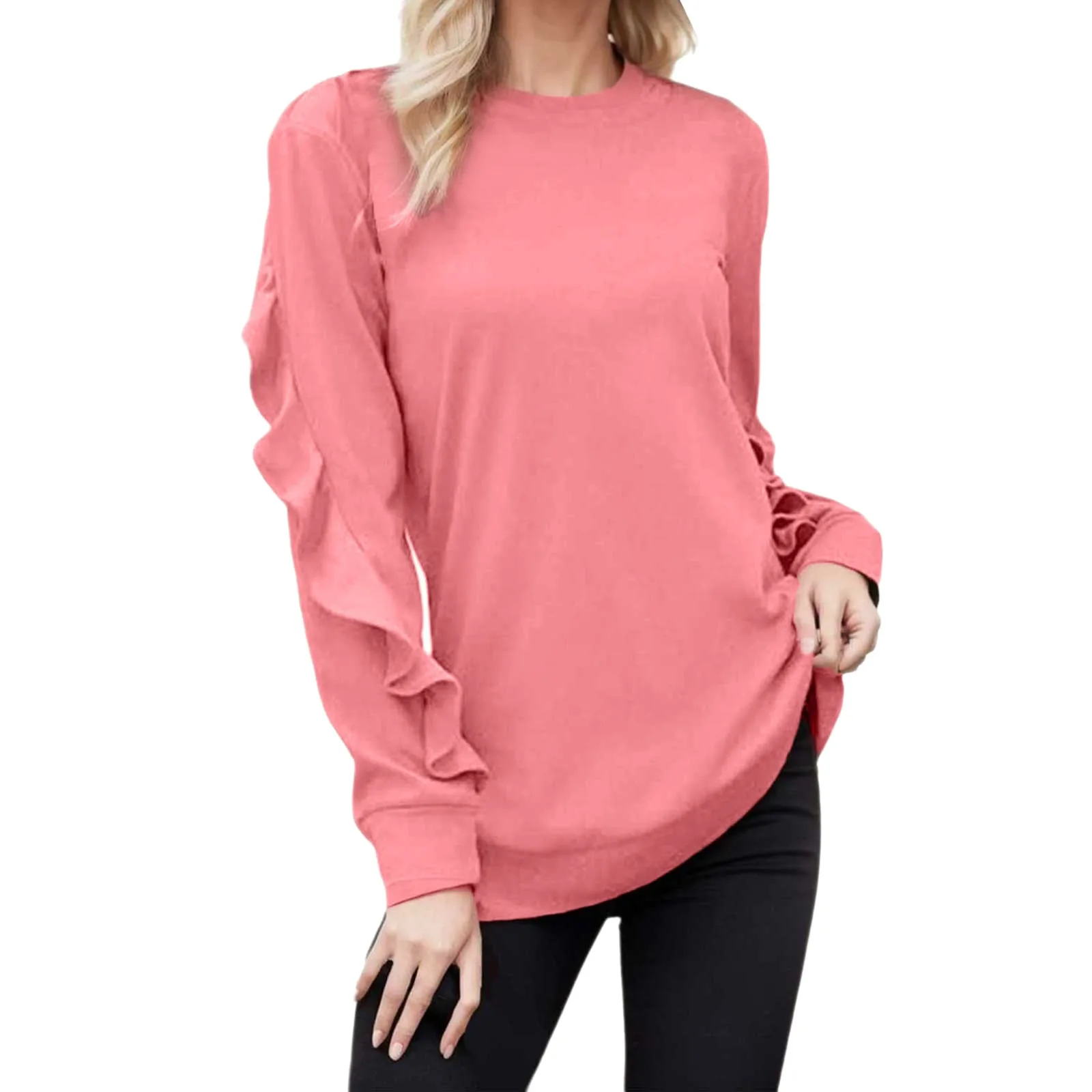 

Женская плиссированная рубашка с длинным рукавом, с круглым вырезом