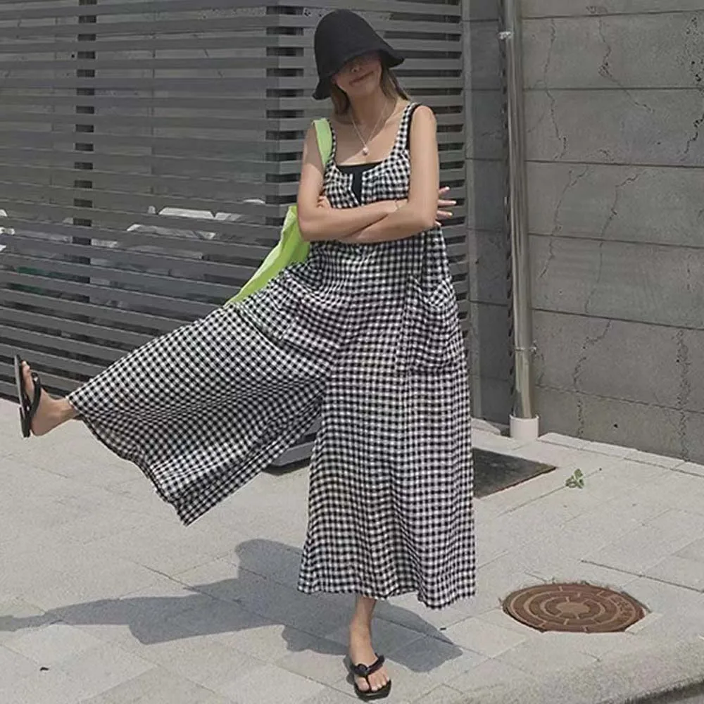 

Женский комбинезон в стиле ретро сарафан в клетку, комбинезон, Повседневный пуловер с широкими штанинами, Элегантный женский летний комбин...