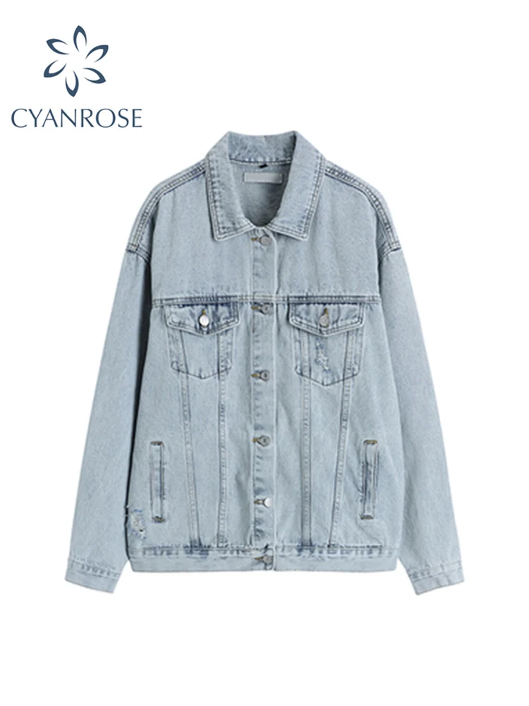 

Women's Denim Jacket 2022 Korean Style Solid Lapel Long Sleeve Casual Blue Jacket Outwear Autumn Winter Loose Jeans Coats Female