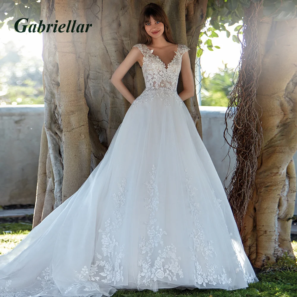 

Gabriellar Wedding Ball Gown 2023 Appliques V-Neck Short Sleeves Illusion Button A-line Princess Abito Da Sposa Custome Made