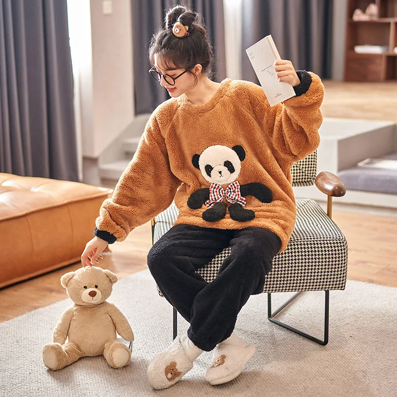 Winter Pajamas Coral Fleece Loose Version Pajama Set Inspissate Flannel Women Sleepwear Pullover Plus Size Cartoon Plush