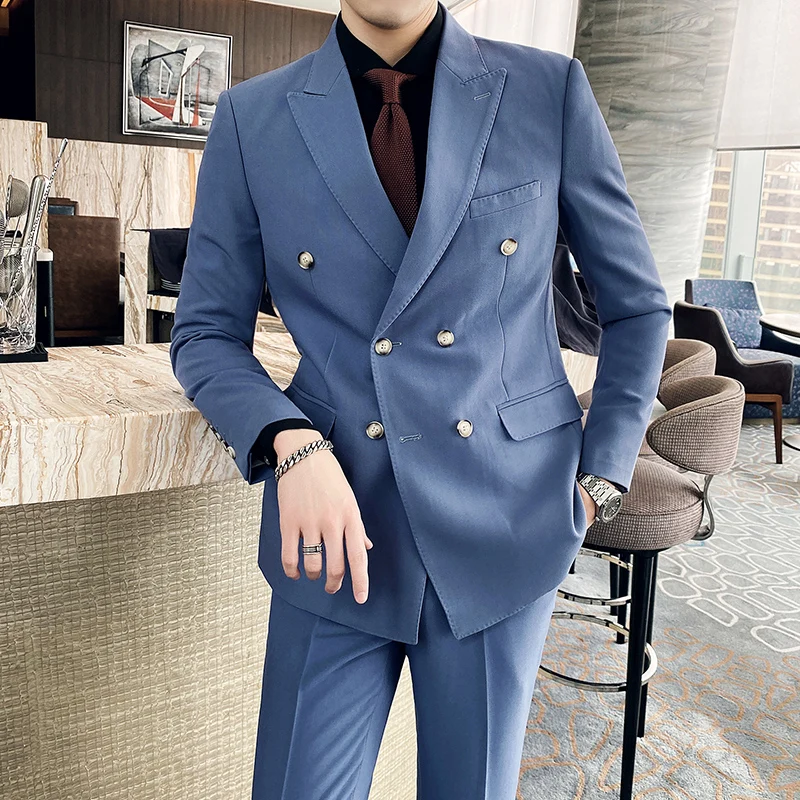 

Мужской облегающий смокинг, однотонный деловой костюм с двубортным пиджаком в Корейском стиле, брюки для свадьбы, Повседневная офисная одежда