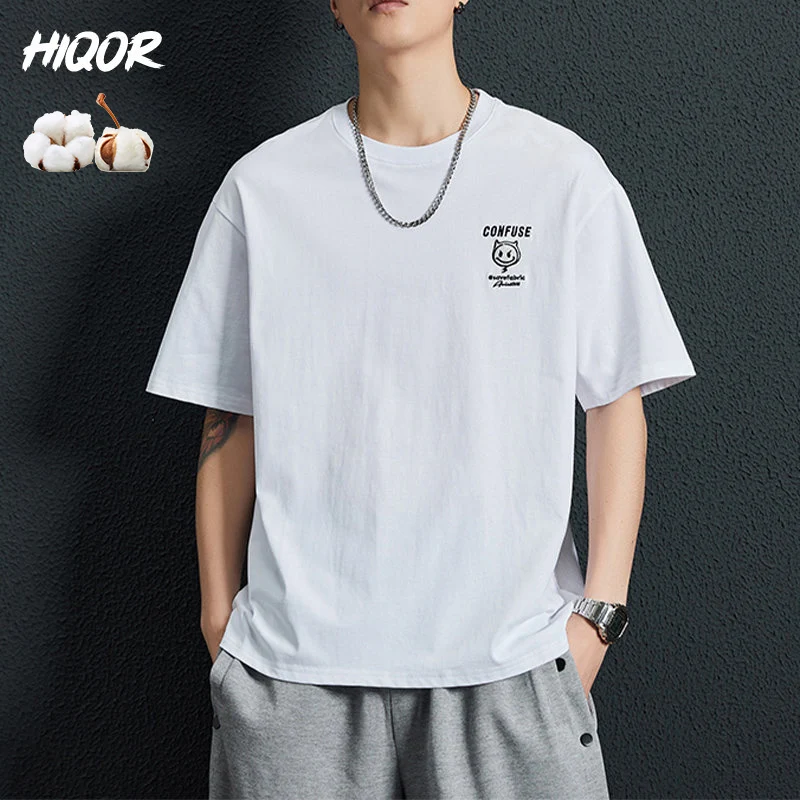 

HIQOR 2023 100% Cotton Short Sleeved Tshirt Men's Summer Thin Loose Tops Simple Tee Versatile Devil Cartoon Streetwear Oversized