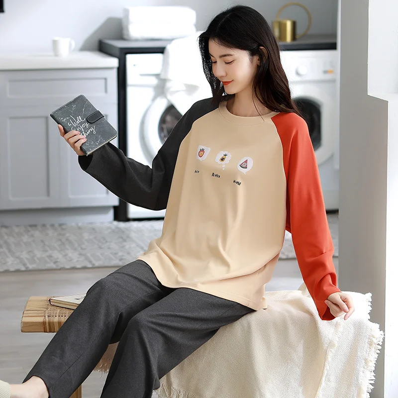 Pajama Girl Spring Autumn Winter Long Sleeved Cotton Cartoon  Loose Large Externally Wearable Home Suit