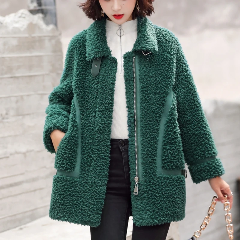 Women's Clothing Winter Sheepskin Coat Solid Casual Turndown Collar Lamb Wool Zipper Real Fur Cropped Jacket Female Outwear E623