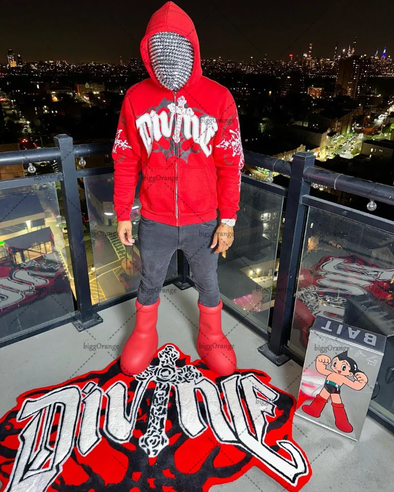 

2023 New Cross Print American High Street Hip Hop Oversized Sweatshirt Men's Y2K Street Rock Trend Loose Zipper Hoodie Men