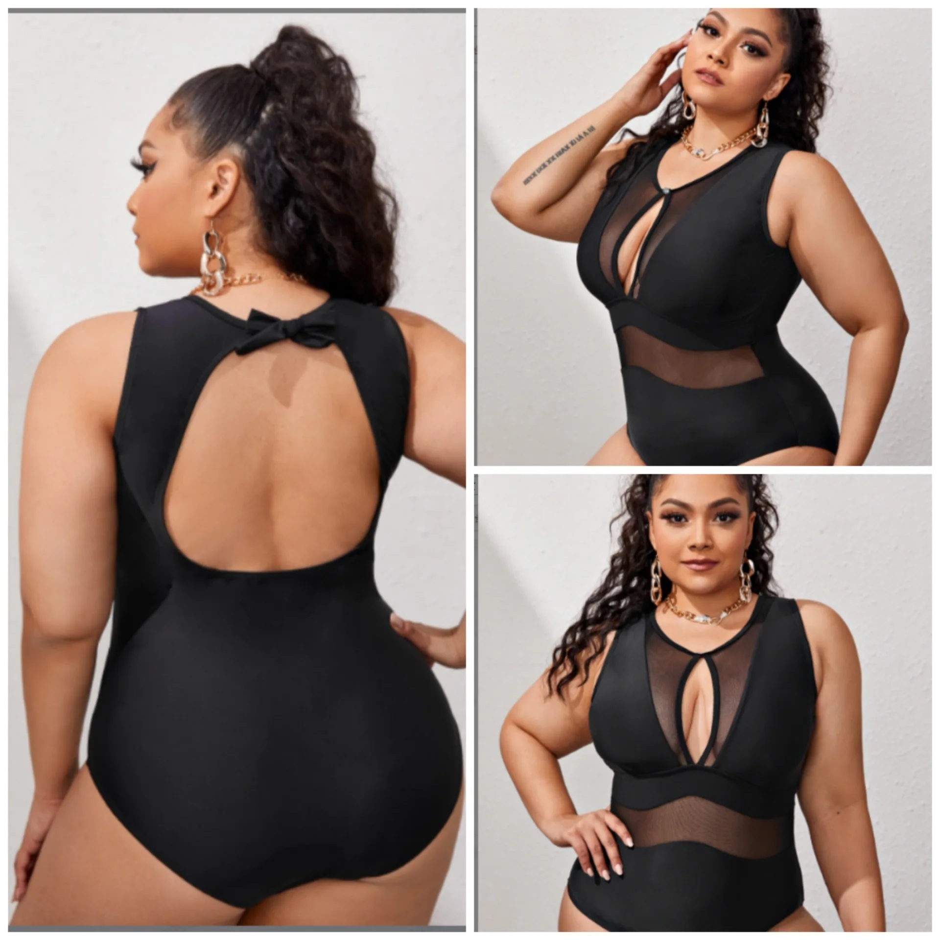 

Plus Size Mesh Panel Hollow One Piece Swimsuit For Women Black Large Size Monokini Backless Bathing Suit 2023 Beach Swimwear