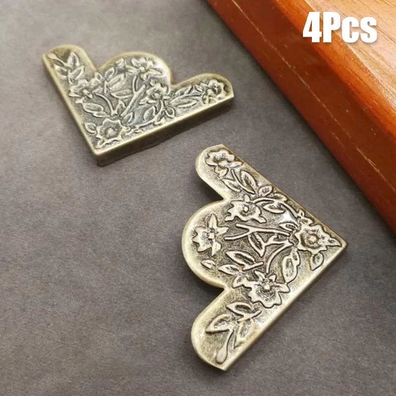 

4PCS Antique Corner Brackets Protector Decorative Flower Carved Metal Wrap Angle Jewelry Box Corner Code Angle Furniture Fitting