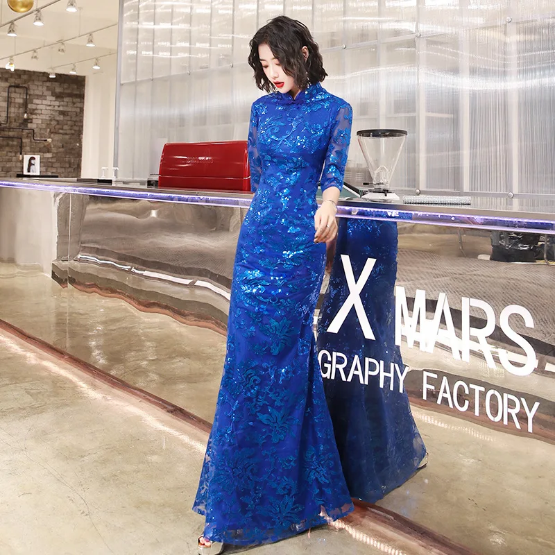 Женское кружевное платье-Ципао в китайском стиле длинное облегающее элегантное