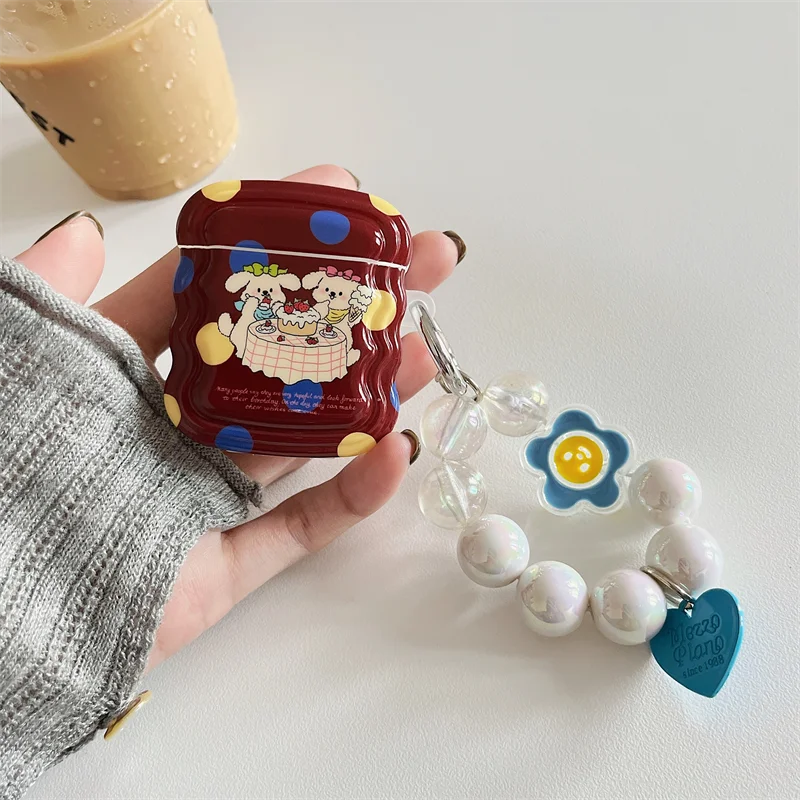 

INS Korea Cute Cake Puppy Cartoon Earphone Case For Airpods 1 2 Pro With Lovely Flower Bead Bracelet Soft Cover For Airpods 3