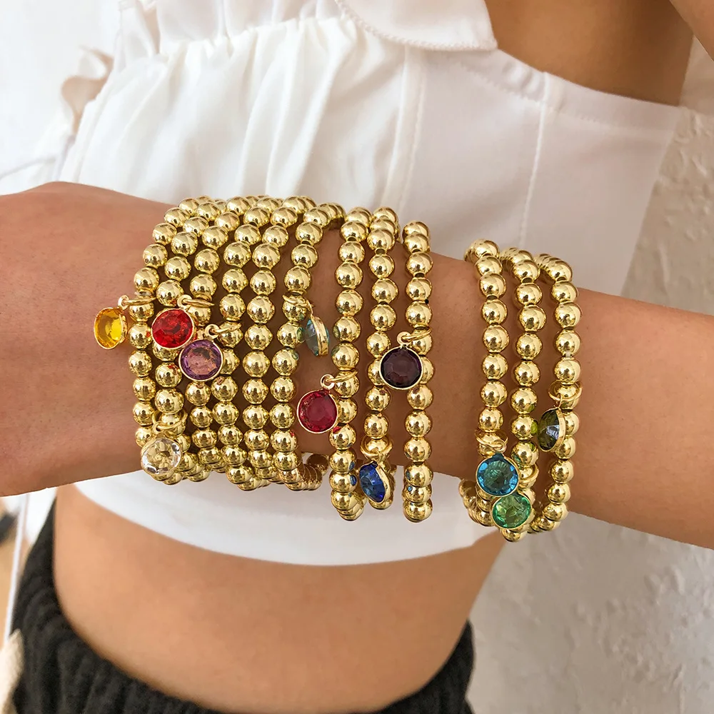 

New Birthstone Gold Metal Beaded Adjustable Bracelet For Women Men Crystal Charms Gold Bangles Chain Bracelet Boho Jewelry