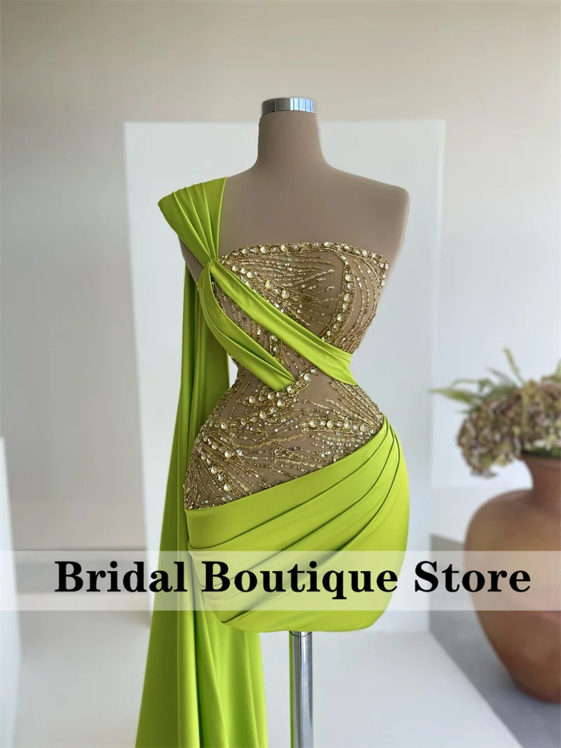 

Sexy Mermaid Short Prom Dresses 2022 With Cape Lace Beads Crystal Sequins Mini Cocktail Graduation Gowns Robe De Bal